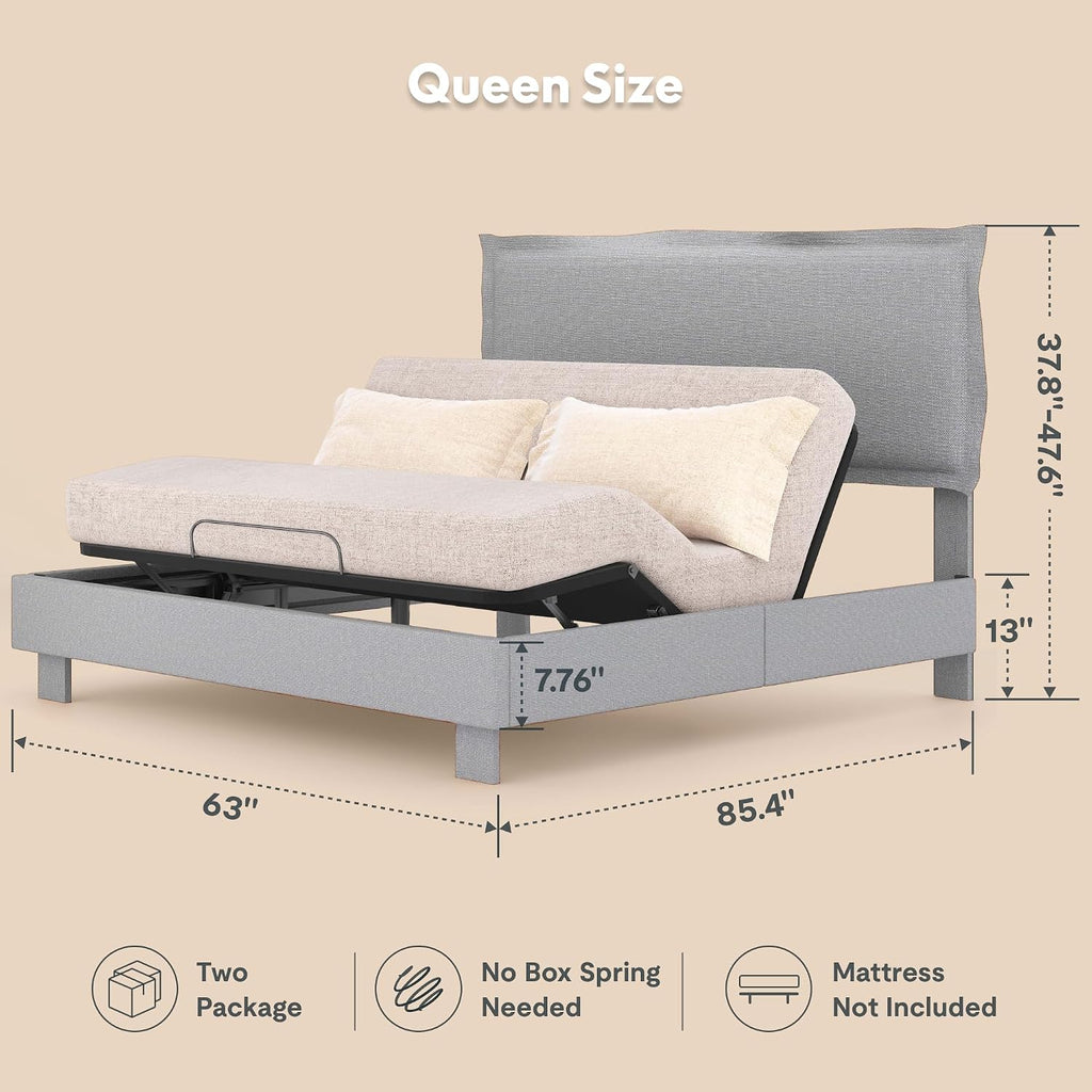Adjustable Bed Base with Upholstered Bed Frame, Head & Foot Lift
