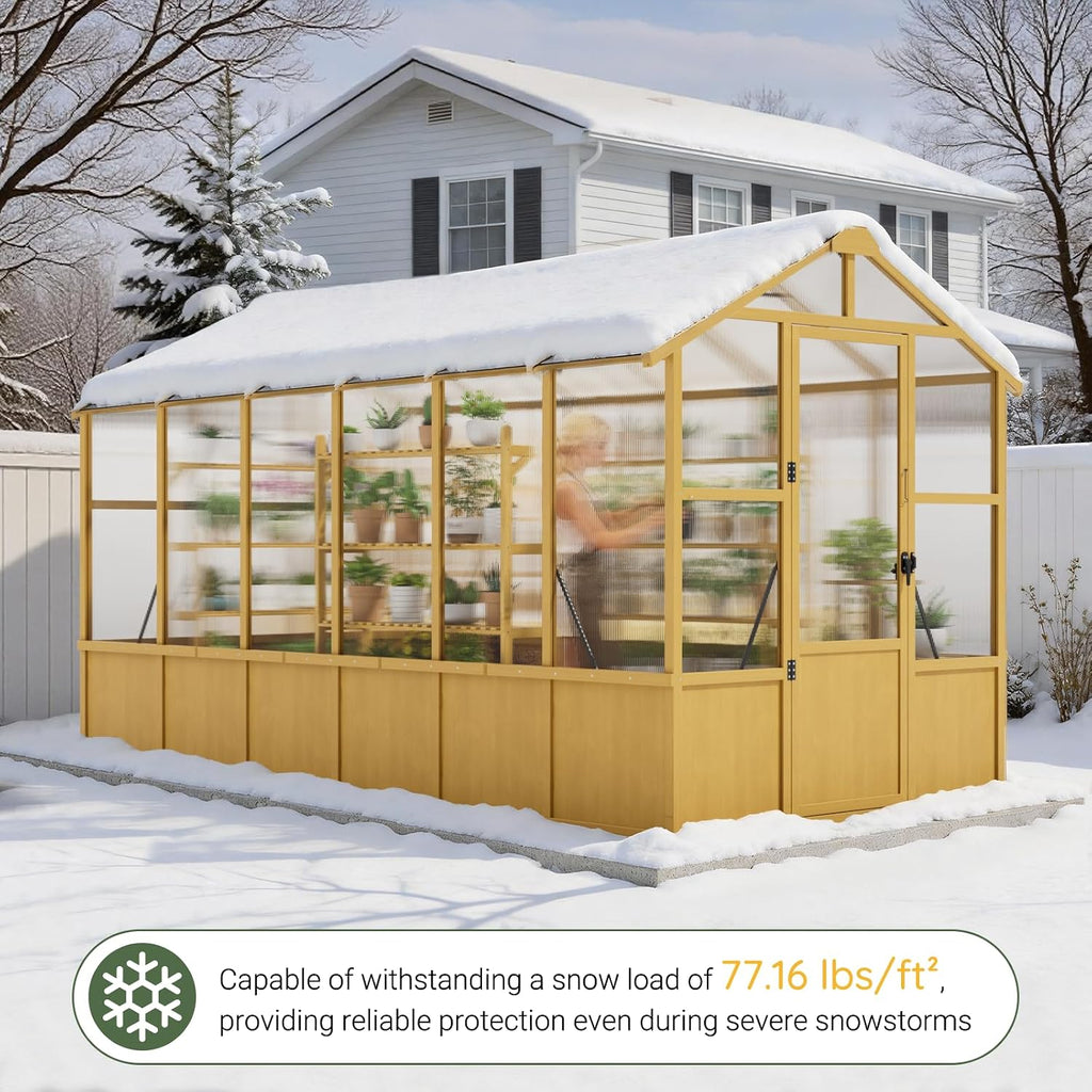 6×12 FT Walk-in Wooden Greenhouse with Adjustable Roof