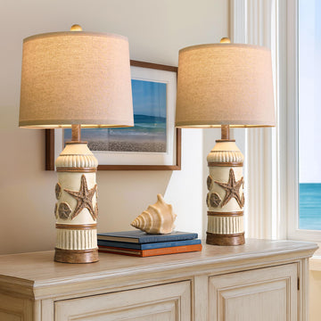 24" Table Lamps Set of 2, Boho Table Lamps, Bedside Lamp for Nightstands, Coastal Nautical Lamp with Starfish Conch