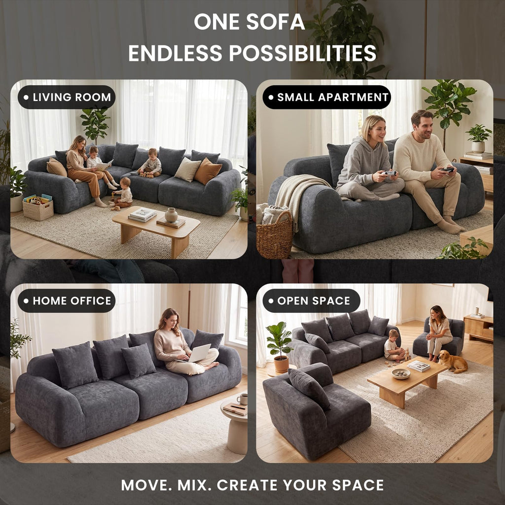 118-Inch Oversized Cloud Sectional, Velvet Boneless L-Shaped Couch with Curved Chaise, Compression Memory Foam