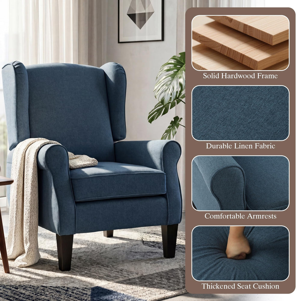 Wingback Accent Chair with Nailhead Trim, Mid Century Modern Armchair (Linen Blue, Set of 2)
