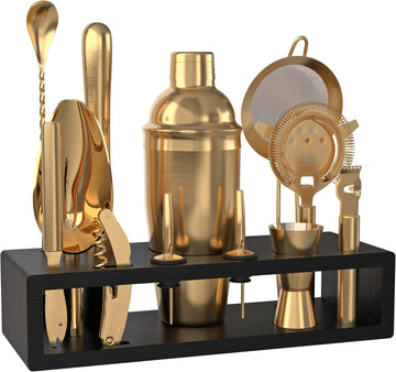 Bartender Kit with Espresso Bamboo Stand. Beautiful Cobbler Cocktail Shaker Set with Bar Tools Rustproof Stainless - Set of 13