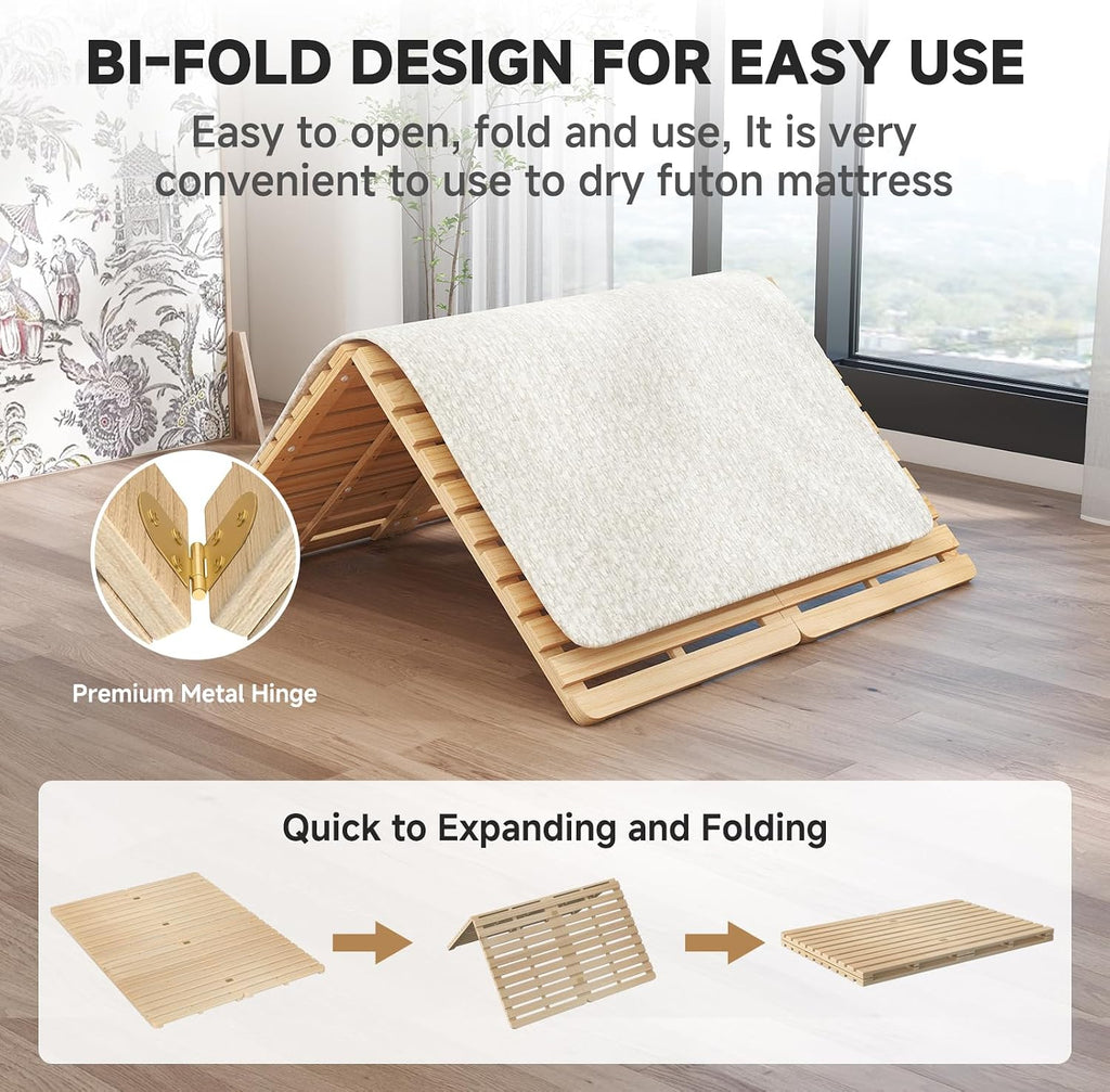 Foldable Floor Bed Frame, Wood Slat Base for Futon Mattress