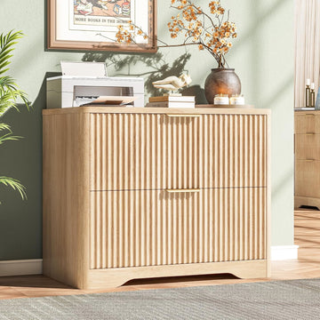 Lateral File Cabinet with 2 Drawers, Natural Oak Fluted Filing Cabinet | Fluted File Cabinet for Letter/Legal/A4 Size