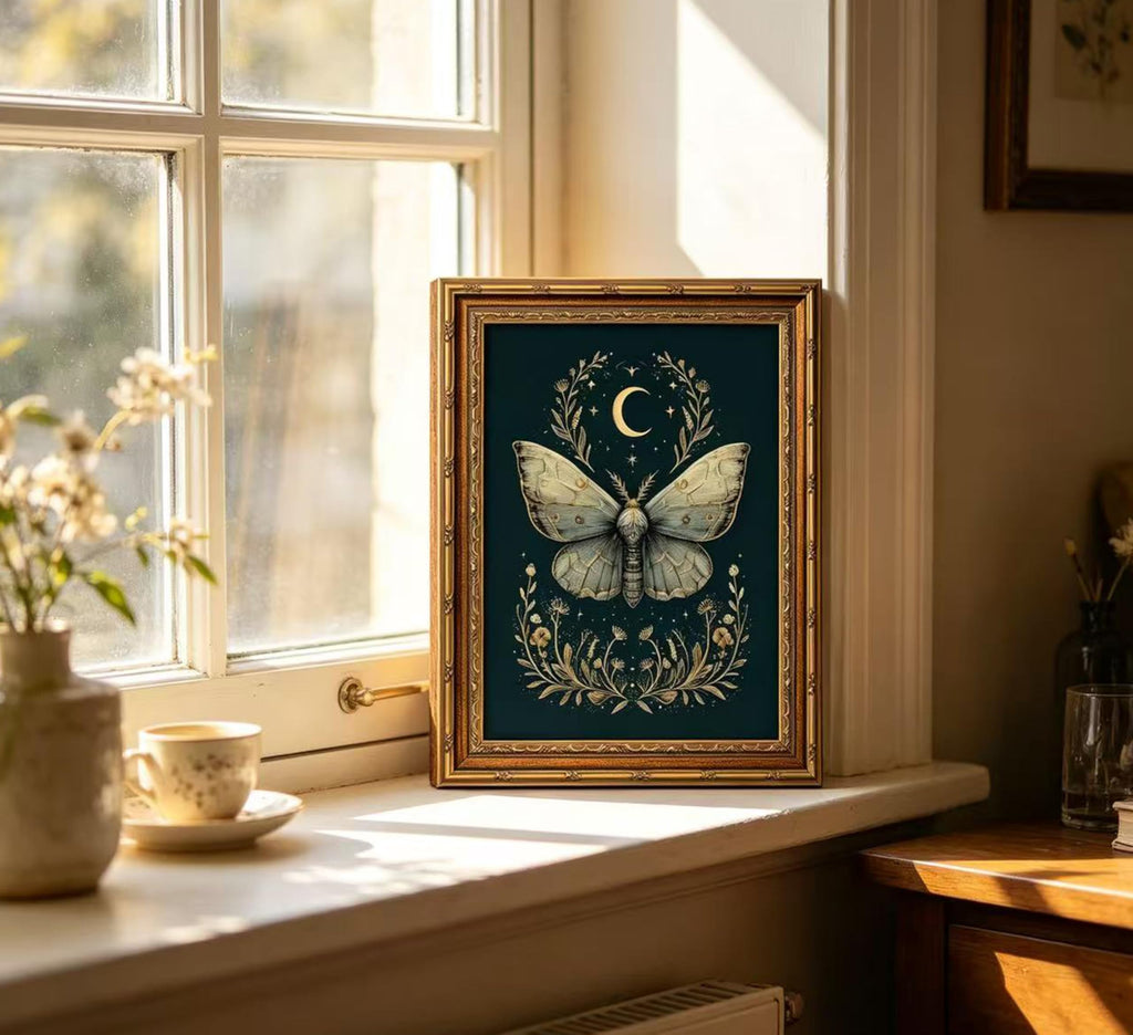 Vintage Gold Framed Celestial Moth Crescent Moon Wall Art Gothic Moody Ethereal Butterfly Picture Wall Decor Dark