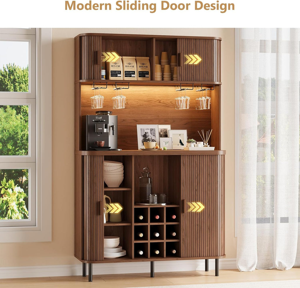 71" Tall Fluted Wine Bar Cabinet with Storage Walnut | Liquor Cabinet, Coffee Bar Cabinet, Large Home Bar, with LED