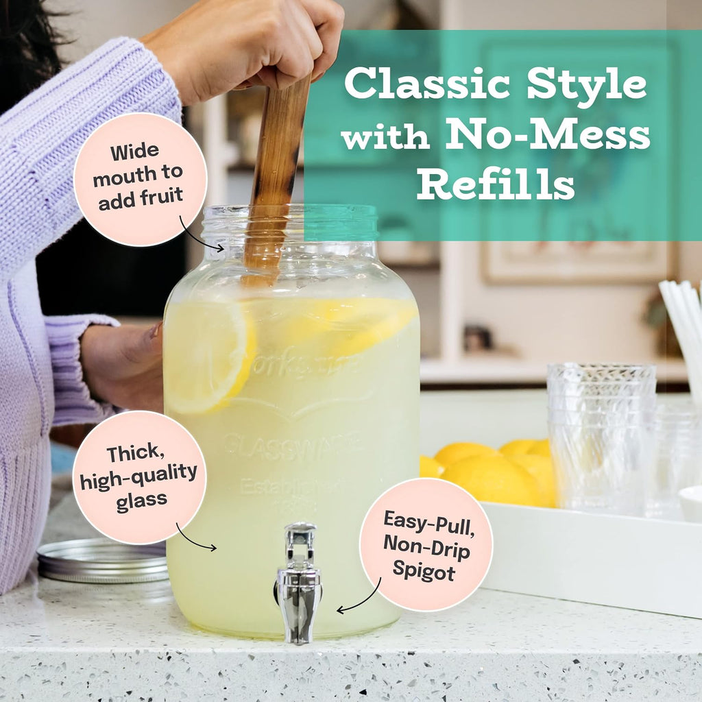Glass Drink Dispenser for Parties - 1 Gallon Gallon Drink Dispenser - with Spigot, Clear For Parties, Weddings, Sun