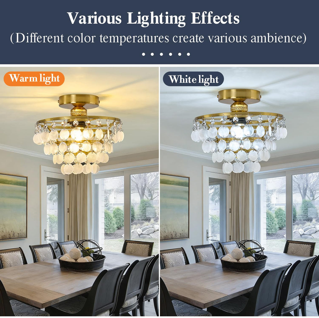 Capiz Shell Ceiling Light, Modern Gold Semi Flush Mount Chandelier with Crystal & Natural Seashell, Small Coastal