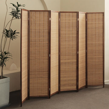 6 Panel Bamboo Room Divider - 5.6 ft Tall Folding Privacy Screen for Room Separation, Natural Brown Freestanding