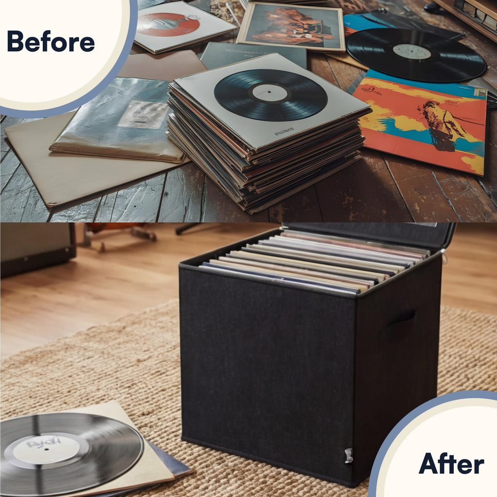 Vinyl Record Storage Box with Zip Closure - Holds Up to 90 12 Inch Vinyl Records - Collapsible Crate, LP Storage