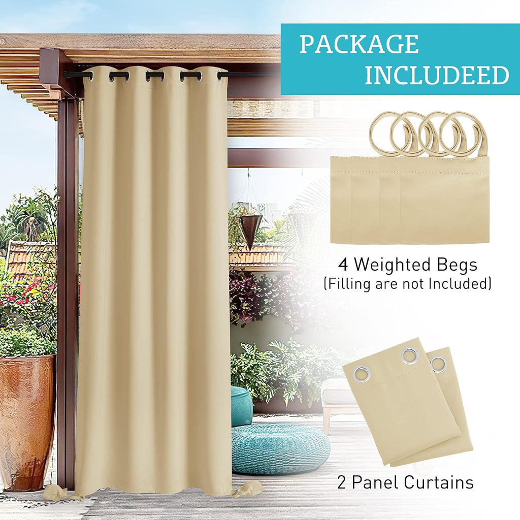 Outdoor Curtains Windproof - Waterproof Blackout Curtain with Weight Bags, Privacy Insulated Drapes Screen Porch