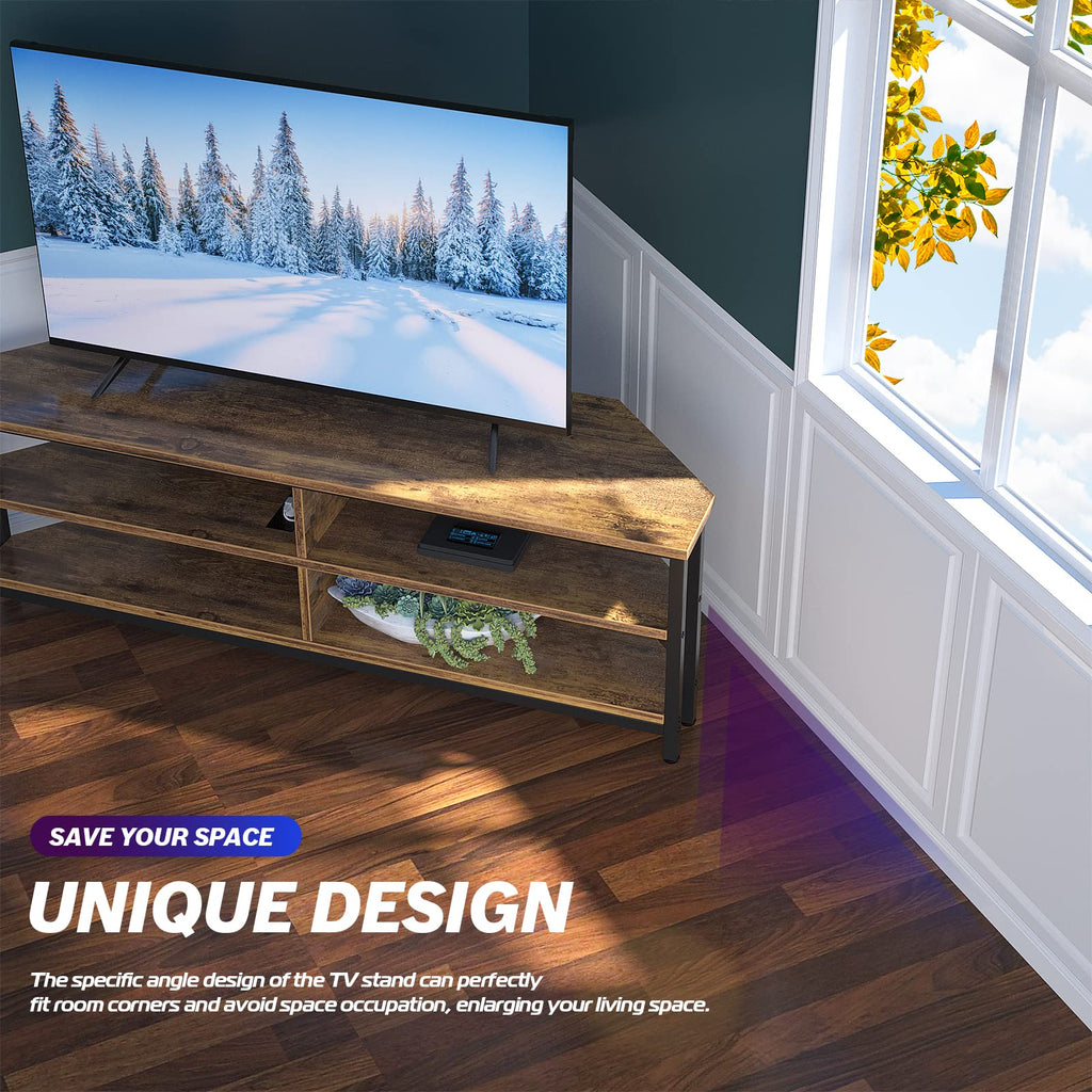 55'' Corner TV Stand with Power Outlet, Corner Entertainment Center TV Console Table with 4 Open Storage Shelves