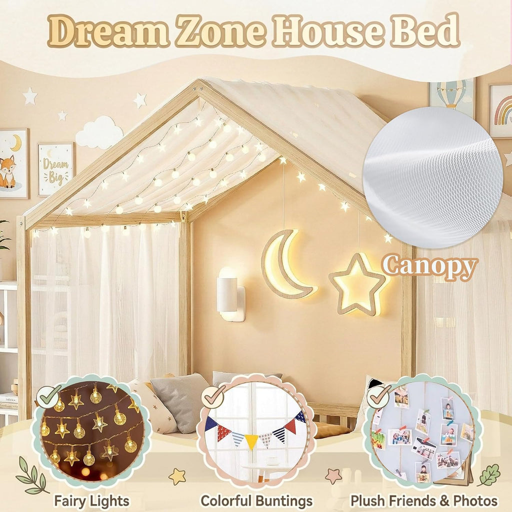 Tw Bed for Kids with High Rails, Montessori Floor Beds Twin with Roof & Canopy, Wood House Bed Frame for Boys Girls