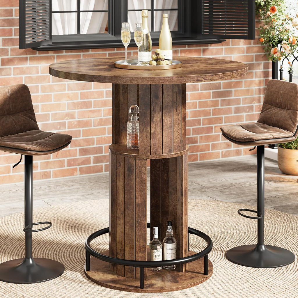 Round Bar Table, 39.4"H Bar Height Bistro Pub Table With 2-Tier Storage