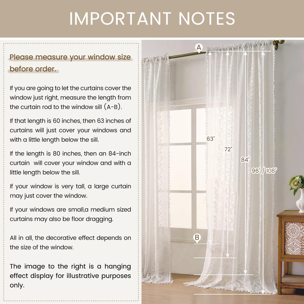 White Boho Lace Curtains 96 Inch -Cute Vintage Victorian Sheer Panel Drape French Country Floral Pattern & Tassel