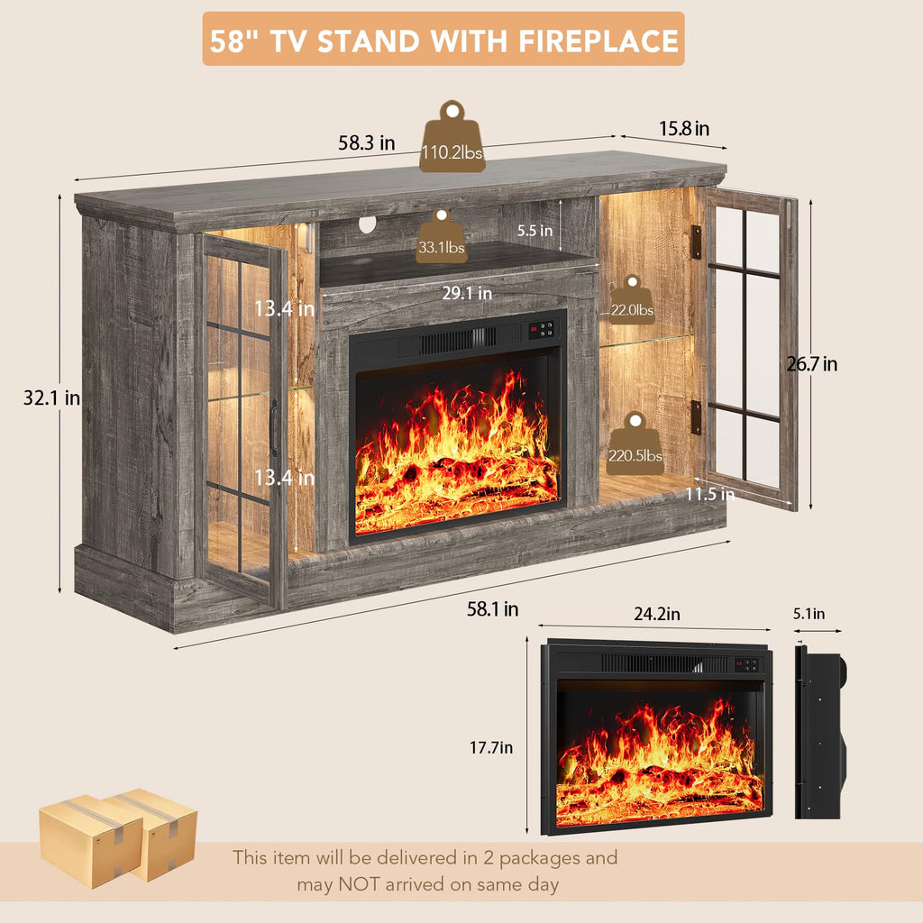 2-in-1 Multifunctional with 23" Removable Electric Fireplace, 58" Farmhouse Entertainment Center, Media Console Table