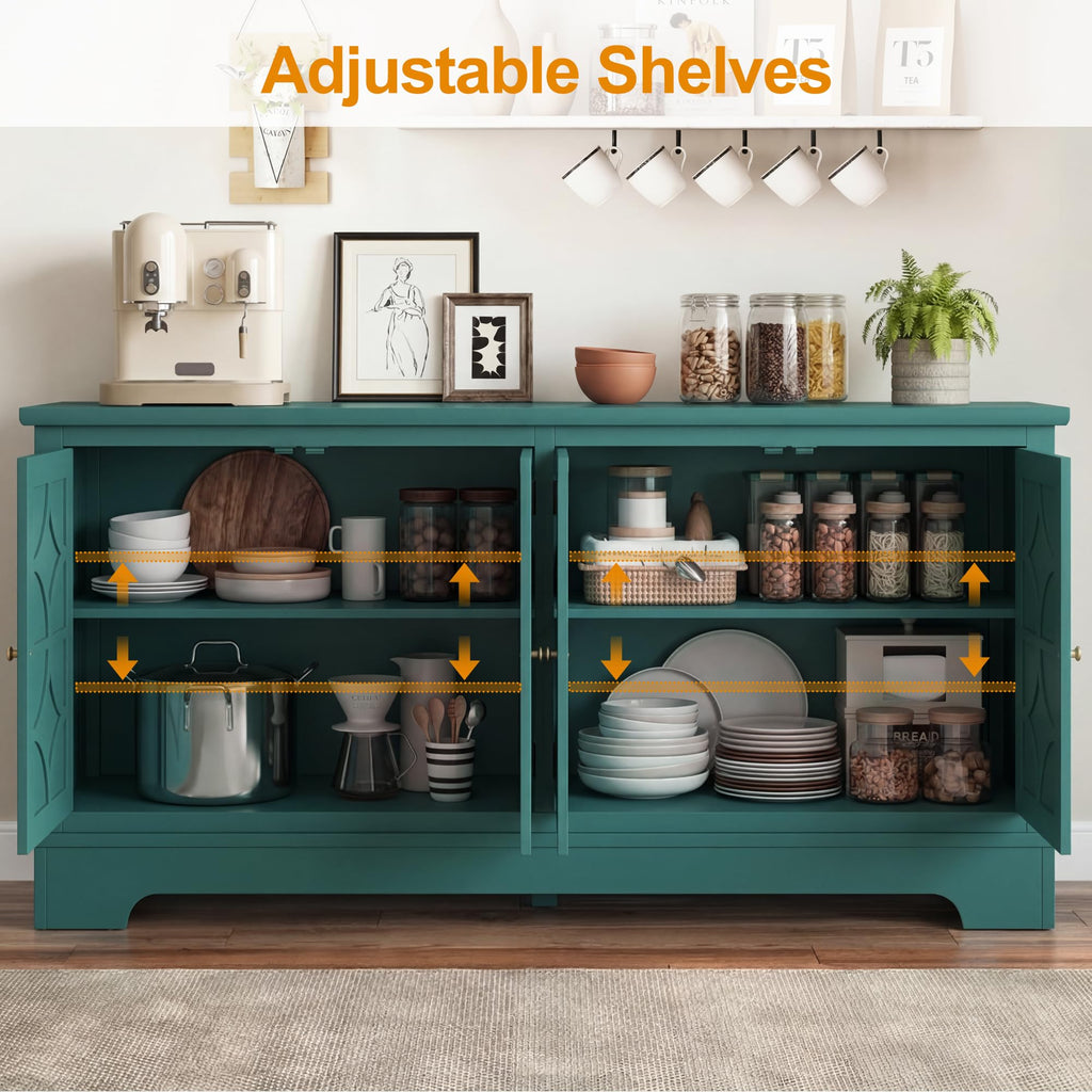 112'' Sideboard Buffet Cabinet with Storage, Modern Sideboard with 4 Carved Doors and Adjustable Shelves, Large Wood