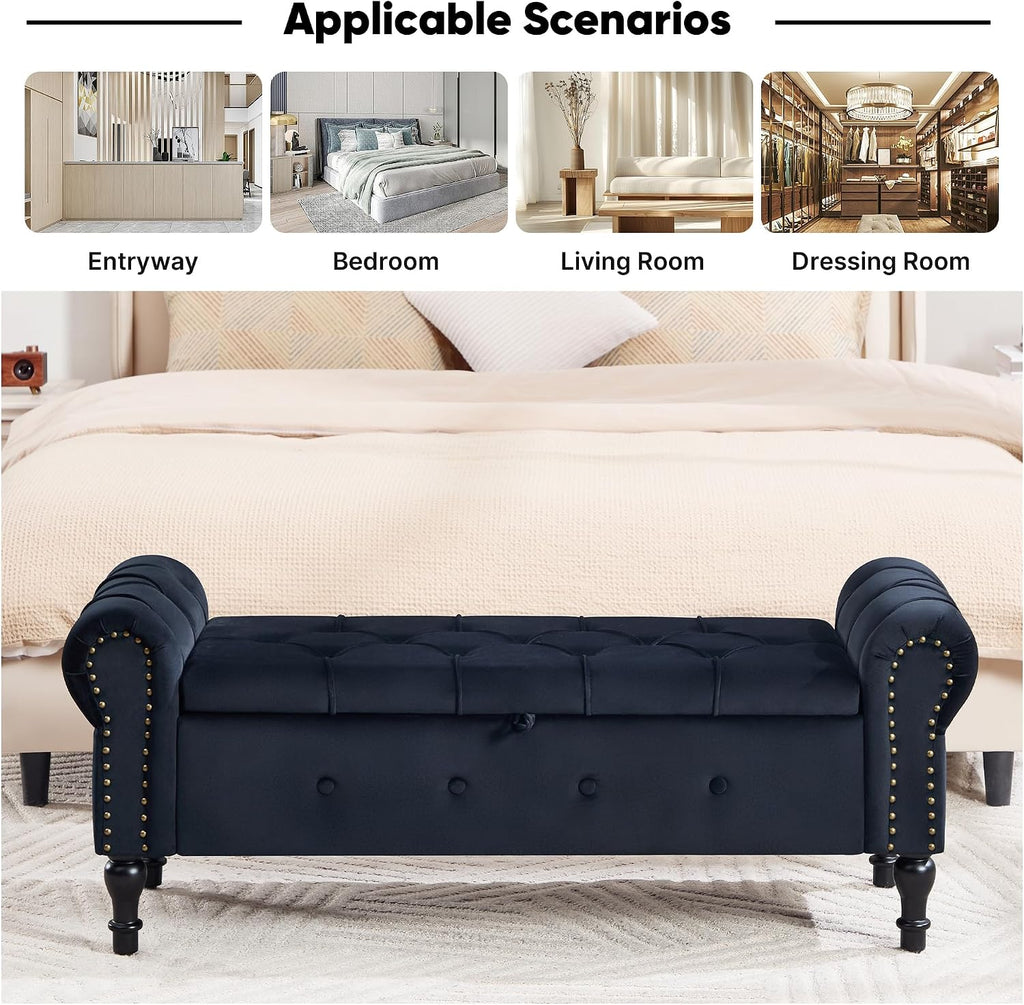 Storage Bench 51" Velvet End of Bed Benches Black | Queen Size Storage Bench with Rolled Arms Tufted Ottoman Benches