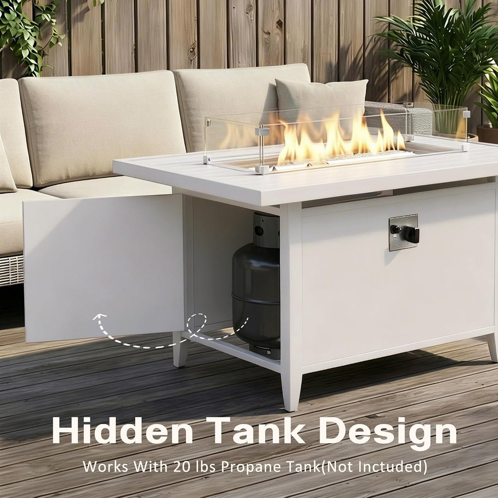 43" Aluminum Propane Fire Pit Table with 55,000 BTU, Rectangle Outdoor Gas Fire Table with Glass Wind Guard, Glass