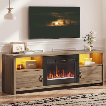 70 Inch for 75" TVs, Modern Entertainment Center with LED Lights, Storage Cabinets and Adjustable Shelves, Pinewood
