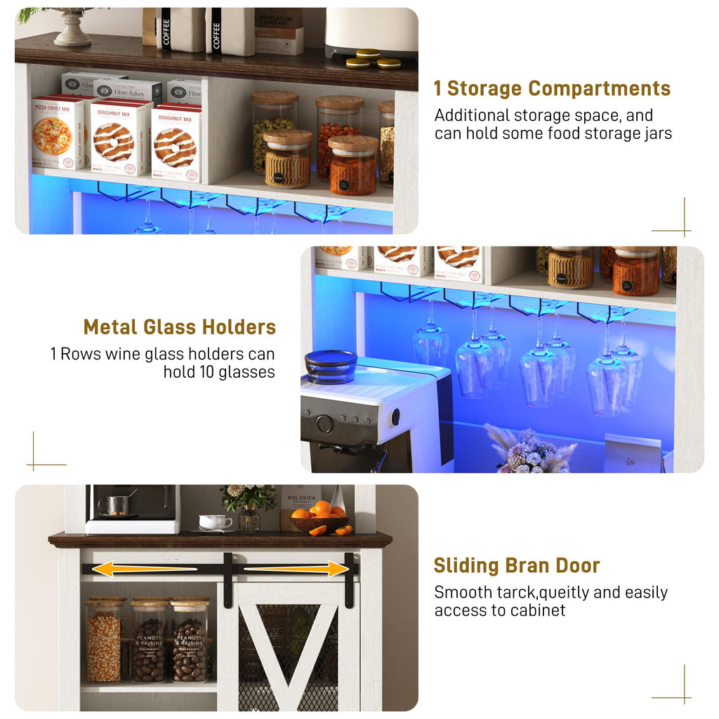 31.5"Wide Farmhouse Coffee Bar Cabinet with LED Light, Wine Bar Cabinet w/2 Storage Hutch, Kitchen Buffet Cabinet