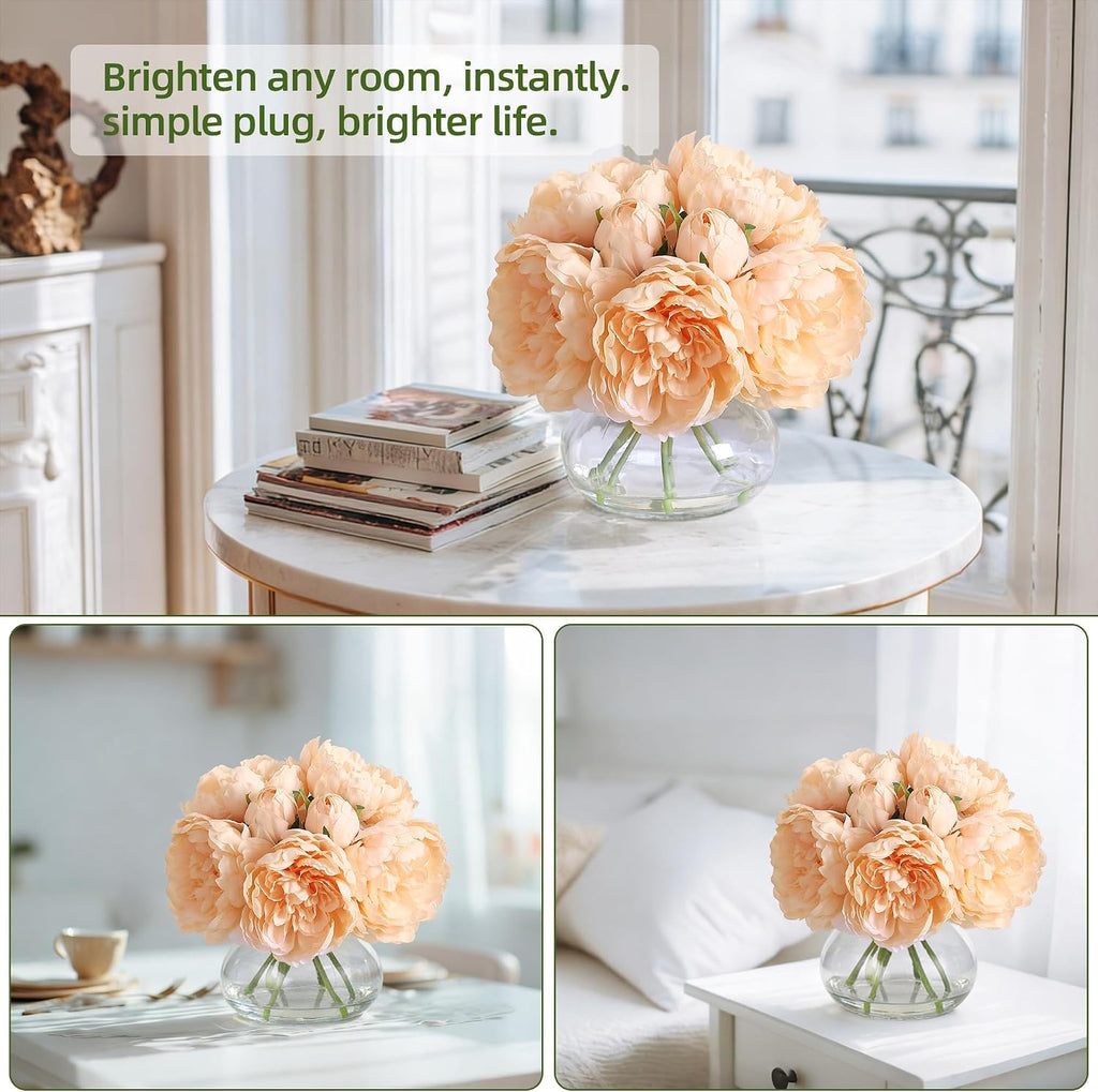 Real Touch Artificial Peonies in Glass Vase, 6 Stems Faux Flowers with Faux Water, Silk Peony Arrangements - Set of 7
