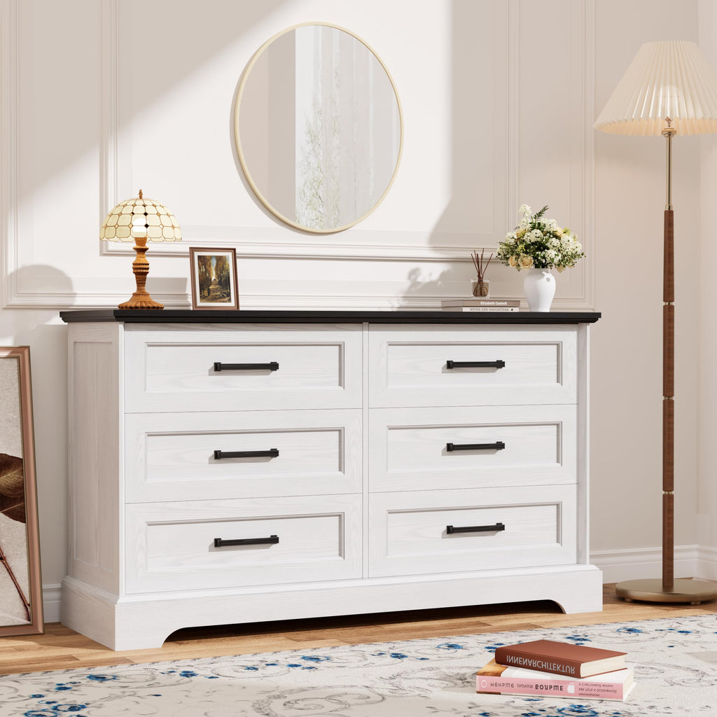 Dresser, Farmhouse 6 Drawers Dressers, White and Black