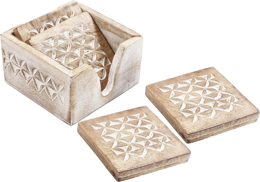 Wooden Coasters with Holder Stand | Whitewash Distressed Wooden Drink Coasters for Coffee, Tea & Wine - Set of 6