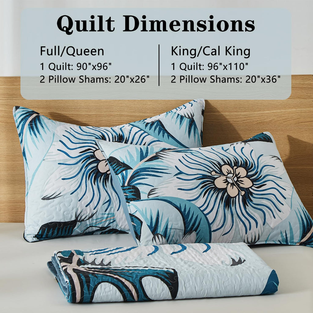 Quilt Bedding Set, White Green Botanical Pattern Light Blue Quilt Set, 3 Piece Lightweight Soft Summer