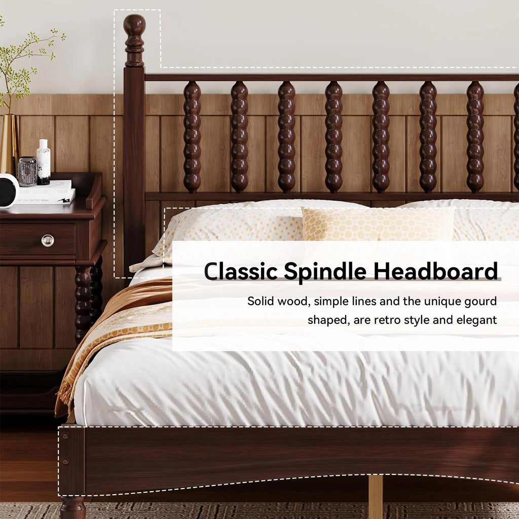 Walnut Spindle Bed Frame Full Size with Wooden Headboard