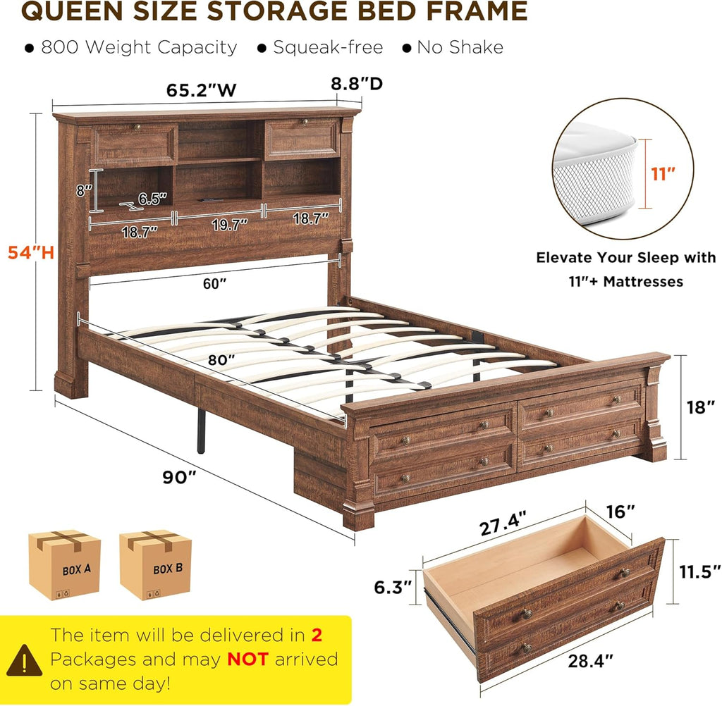 Farmhouse Queen Bed Frame with 54" Tall Storage Bookcase Headboard, Wood Platform Bed Frame with 18" Tall Roman