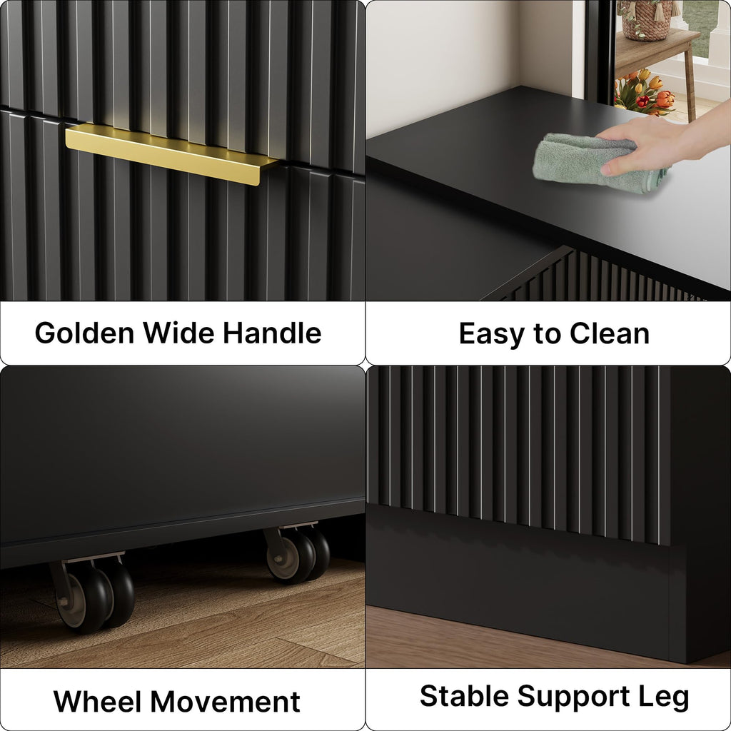 L-Shaped Rotatable 9 Drawer Dresser, 71" Wide Deformable Black Dresser with Gold Metal Handles, Modern Fluted Chest
