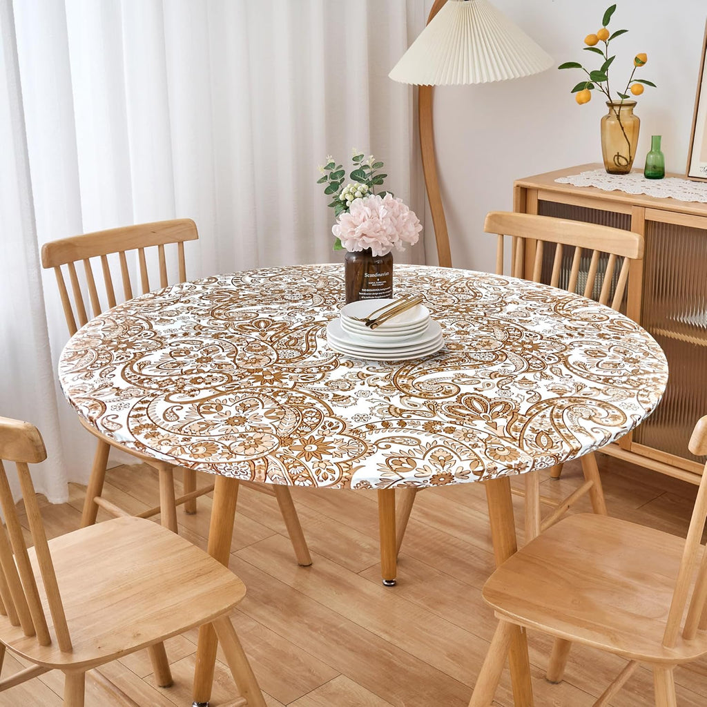 Luxury Paisley Round Vinyl Tablecloth with Flannel Backing - Waterproof, Oilproof, Wipeable Dining Table Cover for