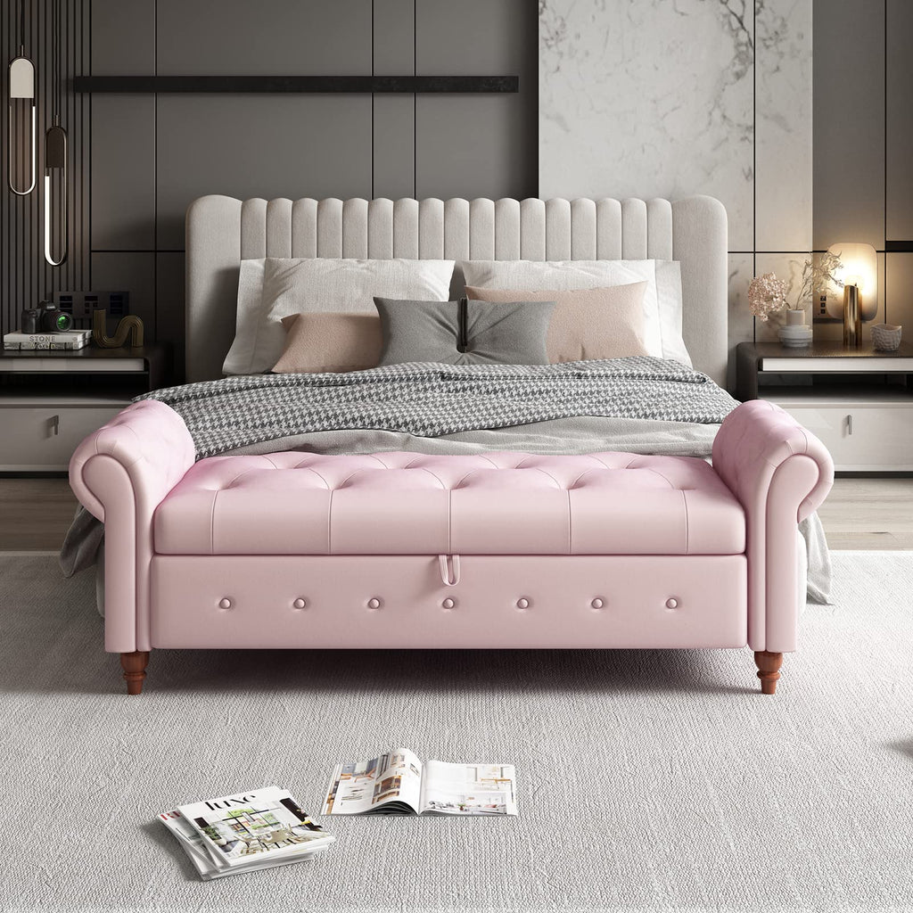 63" Tufted Storage Bench End of Bed, Velvet Upholstered Storage Ottoman Bench, Rolled Arm Window Bench Seat with Solid