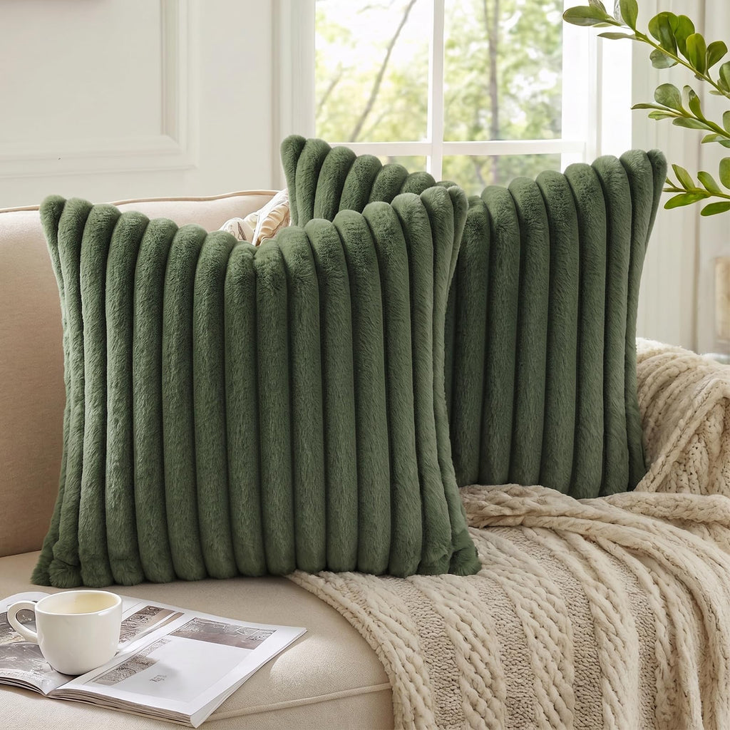 Faux Fur Decorative Throw Pillow Covers 18x18 Set of 2, Olive Green