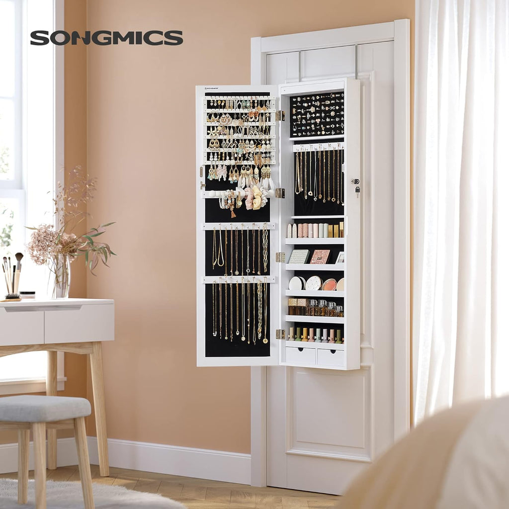 6 LEDs Mirror Jewelry Cabinet, 47.2-Inch Tall Lockable Wall or Door Mounted Jewelry Armoire Organizer with Mirror, 2