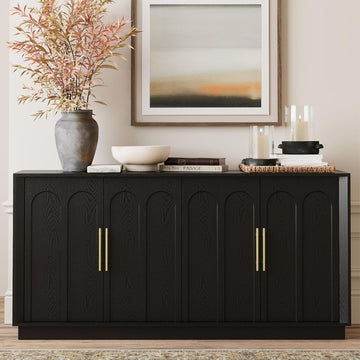 67" Sideboard Buffet Cabinet with Storage, Arched Doors, Black | Modern Minimalist Accent Cabinet with Wood Gain