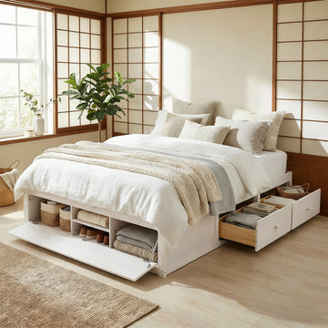 Farmhouse Wood Bed Frame, Japanese Low Platform Wooden Beds Frames with 4 Drawers & Concealed Hydraulic