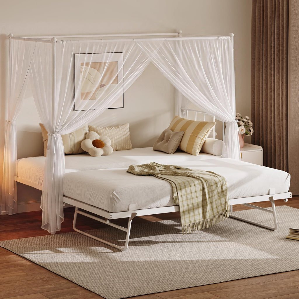 Twin Daybed with Trundle, Canopy Bed with Pop Up Trundle, White