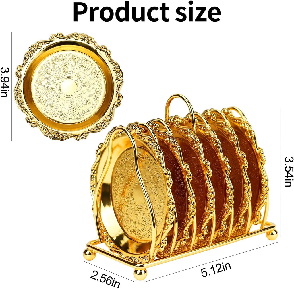 Round Decorative Drink Coasters, Gold Coaster Set with Holder Stand - Set of 6