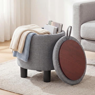 Linen Fabric Round Storage Ottoman with Removable Lid, Gray | Upholstered Ottoman Foot Rest, Small Ottoman Foot Stool