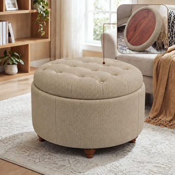 25" Round Ottoman with Storage, Small Coffee Table with Reversible Tray Lid