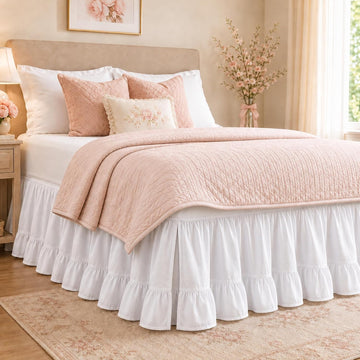 White Ruffled Queen Bed Skirt, 14 Inch Drop, Split Corners, Boho | Fits 60 x 80 in Queen Beds; 3 Sided Coverage;