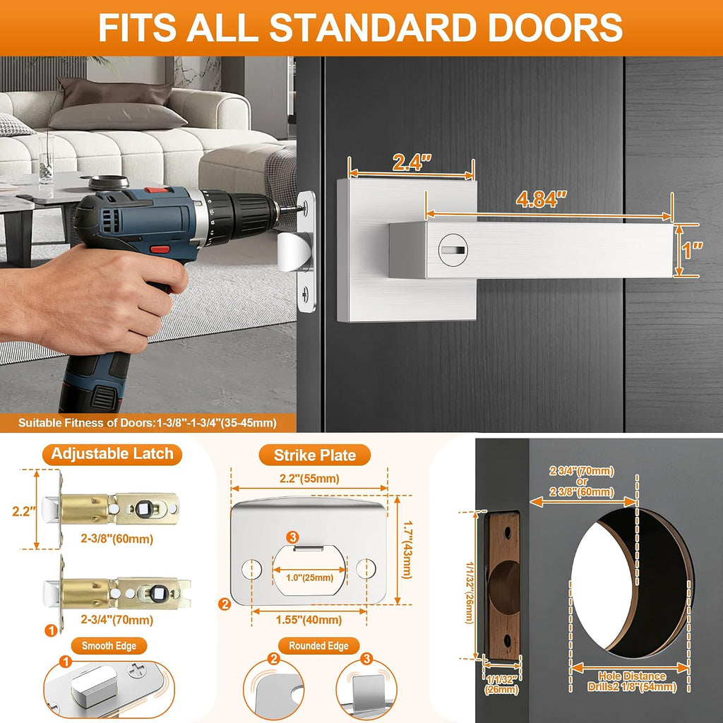 5 Pack Brushed Nickel Door Handle, Door Knobs Interior Heavy Duty, Flat Square Privacy Door Levers, Keyless Door
