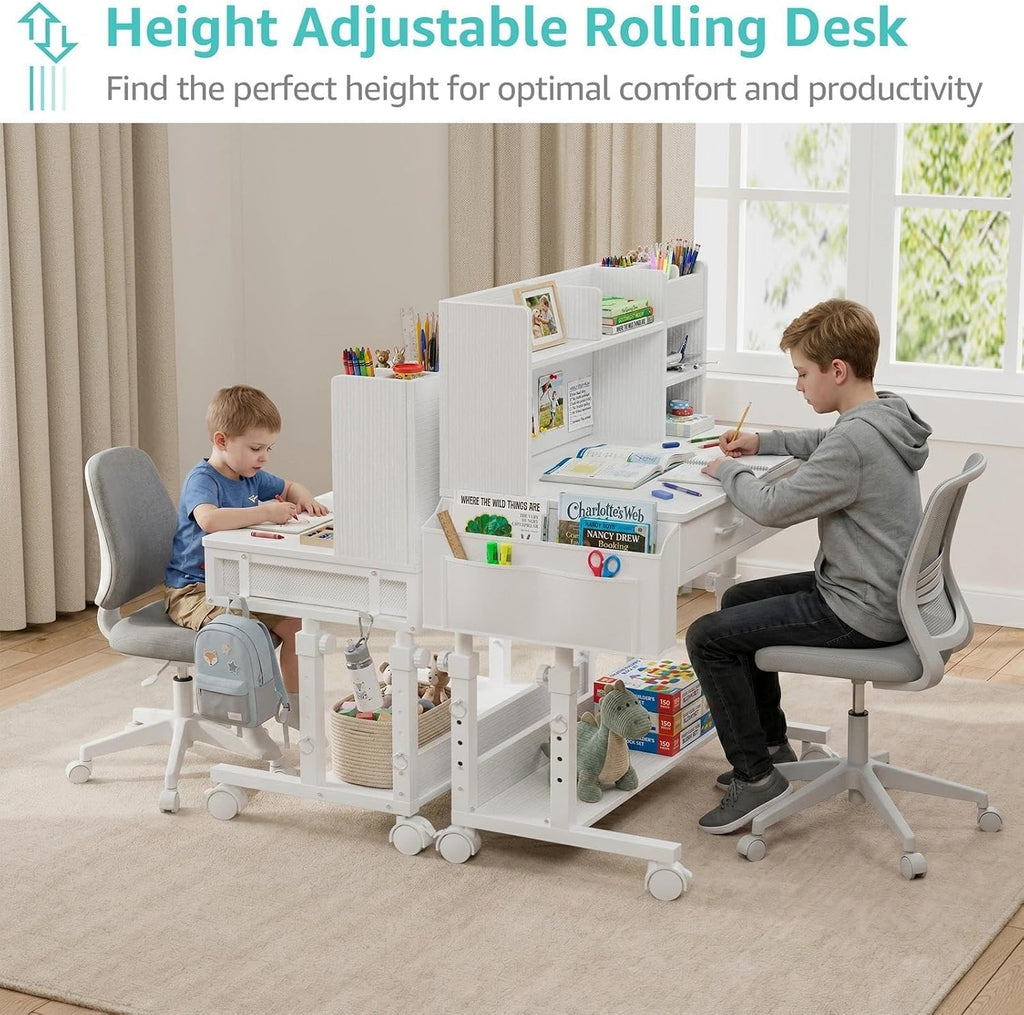 White Kids Desk with Hutch, Height Adjustable 32" Small Study Table