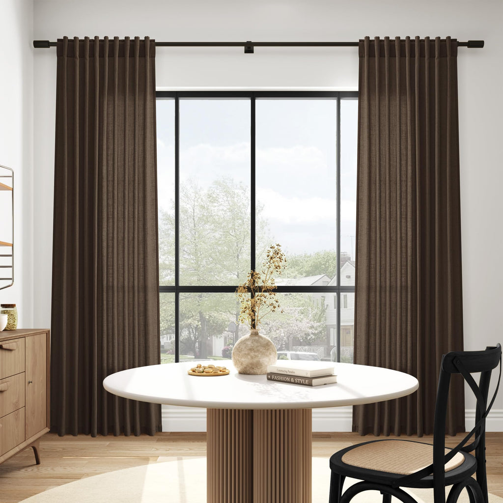 Chocolate Linen Blend Light Filtering Back Tab Curtains 96 Inches Long, Semi Sheer Privacy Drapes, 52x96 inch, 2