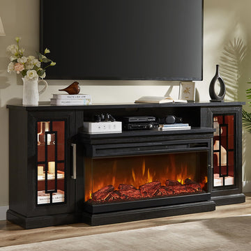 75 Inch Electric Fireplace TV Stand, 3- Side Glass LED Modern Media Entertainment Center Console Table for TVs up to