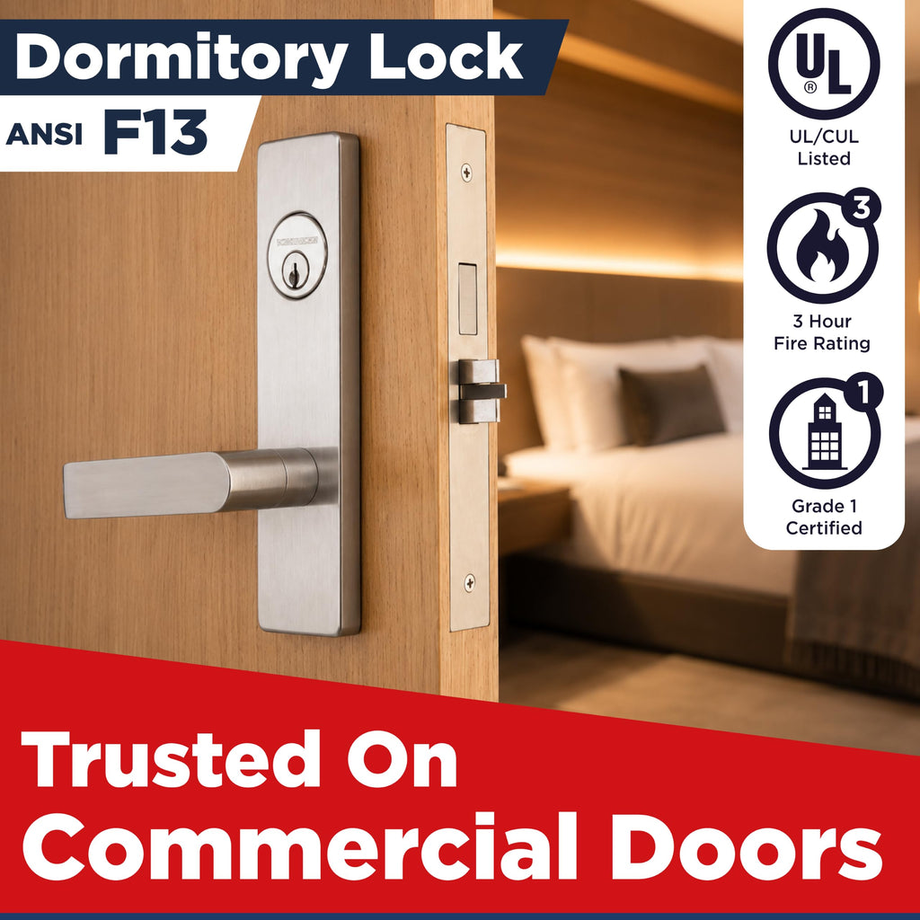Grade 1 Commercial Mortise Lock Set, F13 Dormitory/Exit Function, Escutcheon Panel Trim, Satin Stainless Steel
