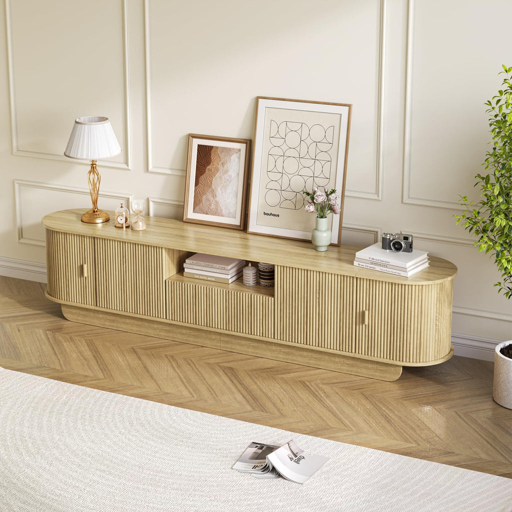 86.6'' Fluted TV Stand for 55-85 Inch, Natural Wood TV Console
