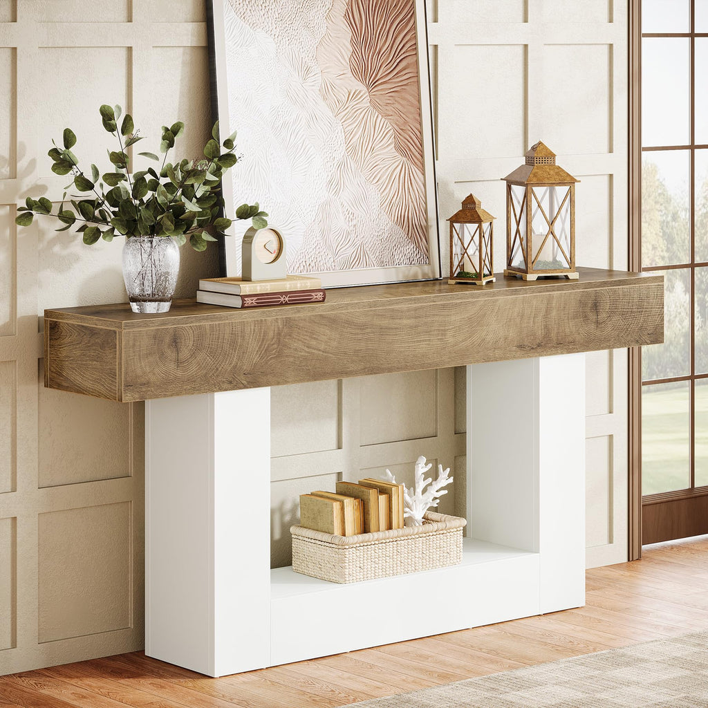63-Inch Long Console Table, 2-Tier Entryway Table Sofa Table with Storage, Farmhouse Wood Behind Couch Table, Light